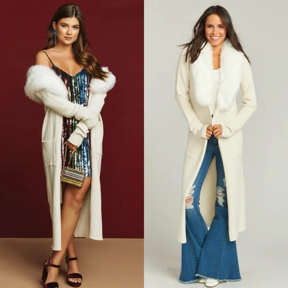 Show Me Your MuMu Cream Faux-Fur Collar Long Cardigan - Picture 2 of 13
